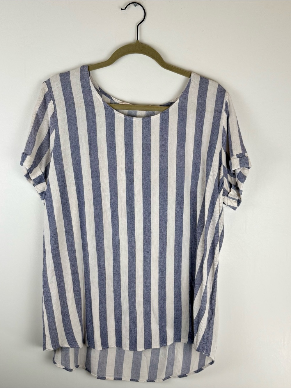 Soft Surroundings Womens Large Blouse Top Short Sleeves Stripe Blue White